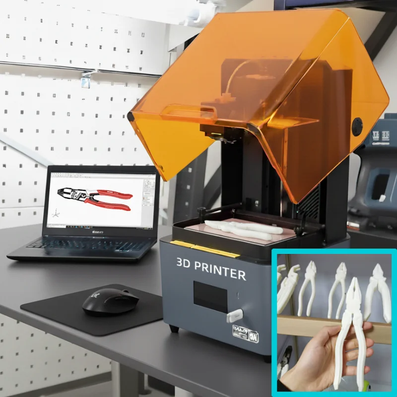 A 3D printing machine making the combination plier model after designed on laptop