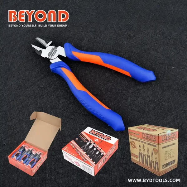 A 6" Diagonal Wire Cutter Tool with BEYOND logo in orange & blue handles, showing its package styles, black color background