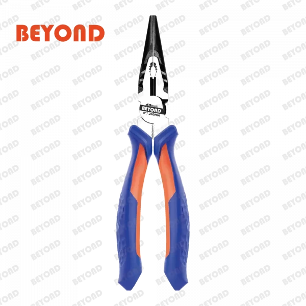 a Heavy Duty 8 In Long Nose Pliers With Spring Loaded, BEYOND logo, orange and blue handles