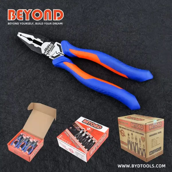 A Heavy Duty Combination Plier Tool 8 Inch, BEYOND logo, orange and blue handles, showing its packages tyles