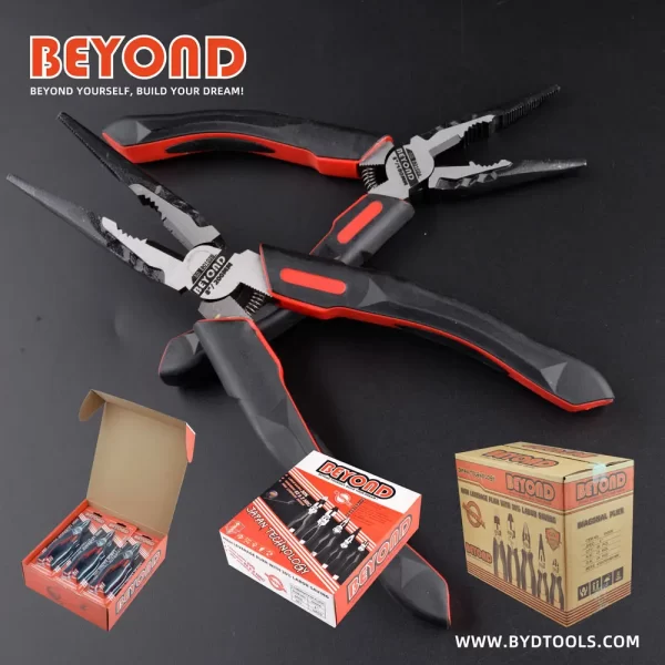 2 pcs High Leverage 6 Inch Long Nose Wire Cutters with BEYOND logo in red and black color handles, color box and master carton packages, black color background