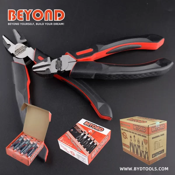 two pcs High Leverage Diagonal Cutting Pliers 6 Inch with BEYOND logo in red and black color handles, color boxes and master carton packages, black color background
