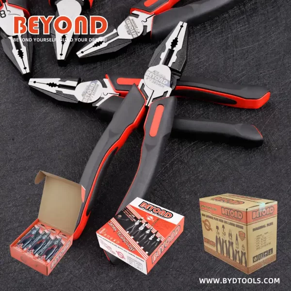 High Leverage Lineman Pliers 200 mm in red and black color handles with BEYOND logo, color box, master carton, black color background