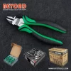 A 6 Diagonal Plier Side Cut Plier in green & black color handles with its color box and master carton packages style, black color background