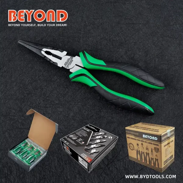 A Needle Nose Pliers Hand Tool with green and black color handles, BEYOND logo, two color boxes and a master carton
