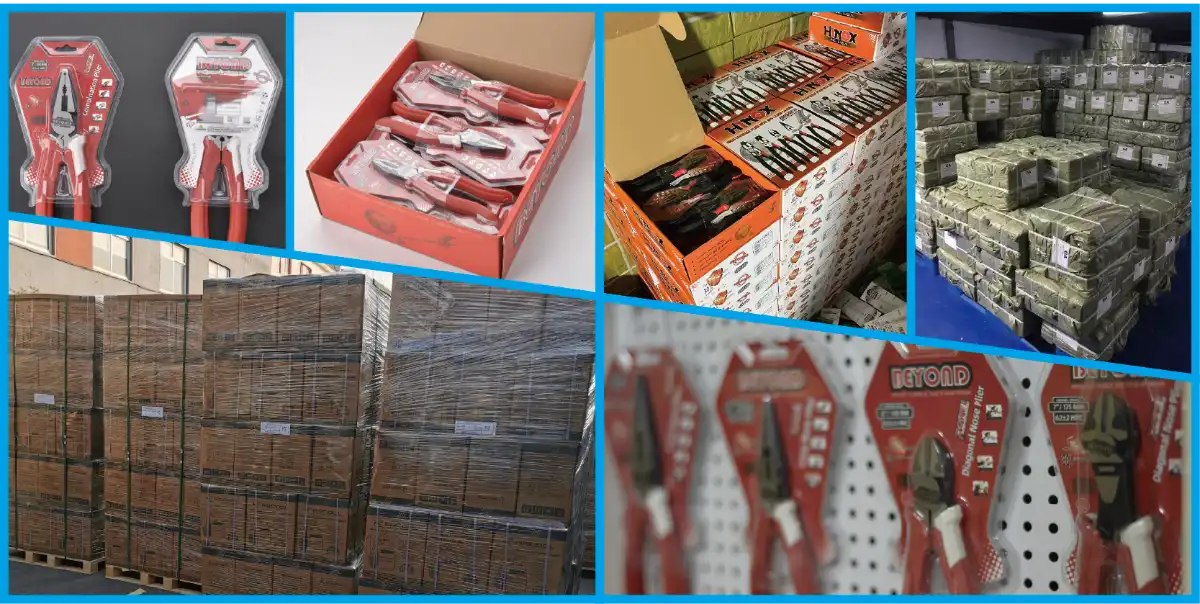 Empaque alicates BEYOND: blíster, caja color y palé. Pedidos OEM.