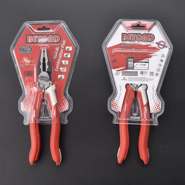 Two 8-inch industrial combination pliers with red & white handles, OEM double blister card package, black background.