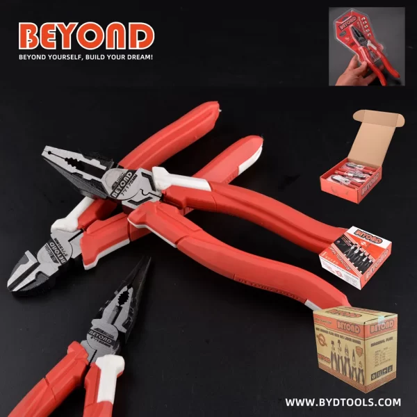 3 BEYOND combo pliers, red/white handles, blister/box/carton packaging, black background. OEM/ODM available.