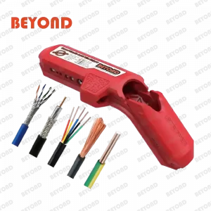 Red curved handle multi-purpose manual cable wire stripper for 10-24 AWG wires. OEM orders welcome.