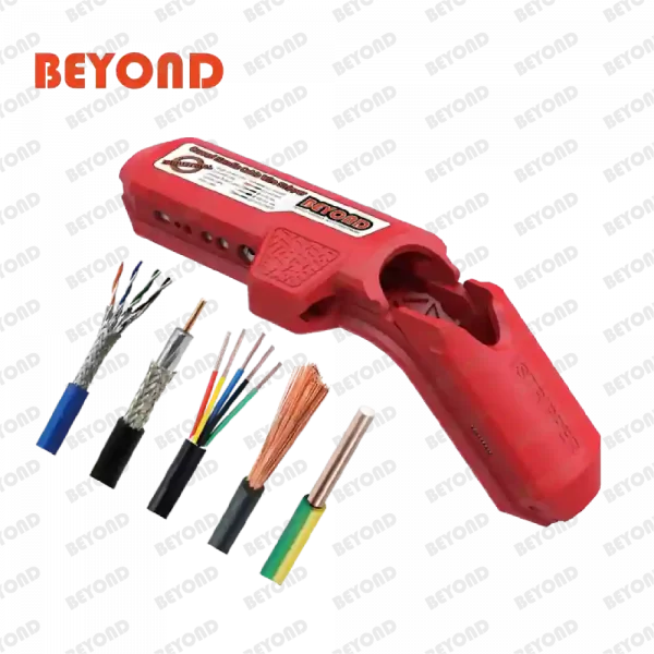 Red curved handle multi-purpose manual cable wire stripper for 10-24 AWG wires. OEM orders welcome.