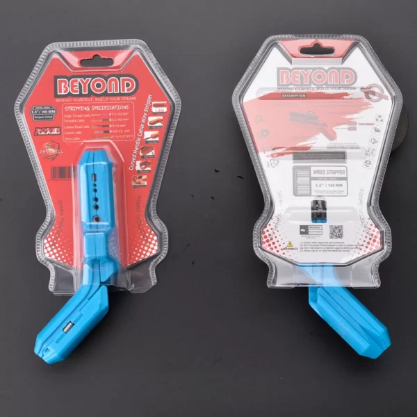 two light blue Curved Handle Cable Wire Strippers in double blister, Low MOQ, front/back view, black color background.
