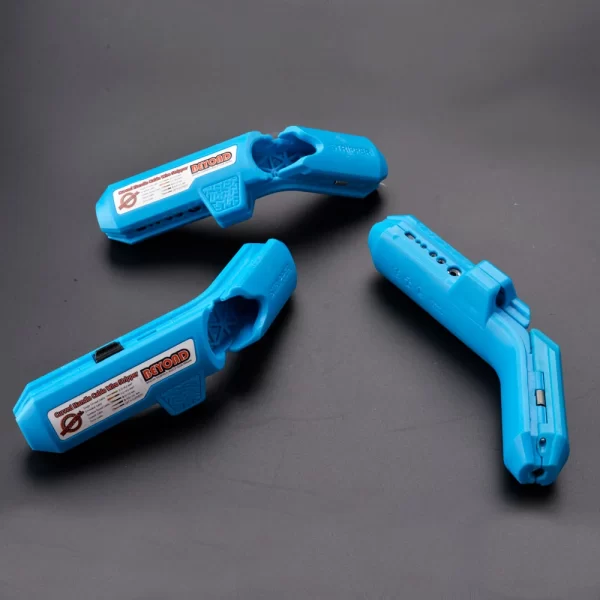 3 light blue Curved Handle strippers with red words in white sticker, black background, OEM/ODM customization welcome.