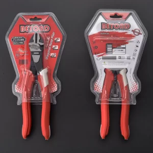 Two 7" industrial high leverage diagonal cutting pliers, red double blister, front/back, black background. OEM available.