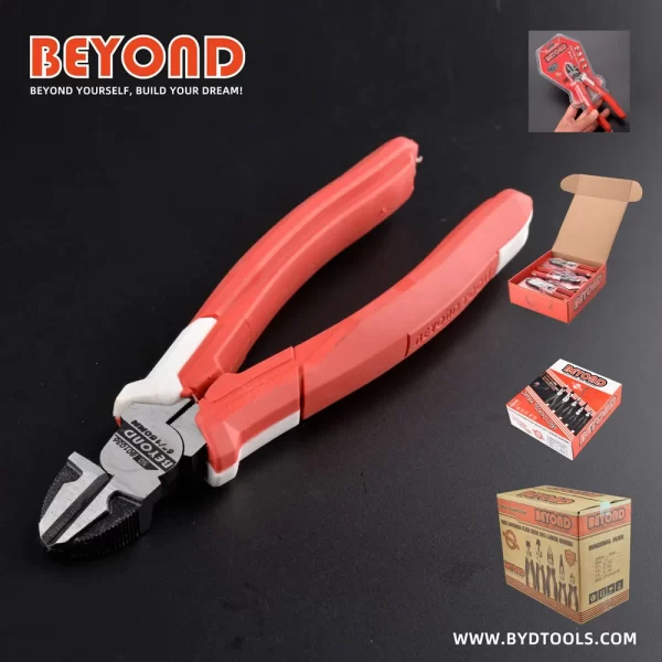 BEYOND 6" side cutters, red/white handles, blister/box/carton pkg, black background. OEM/ODM customization available.