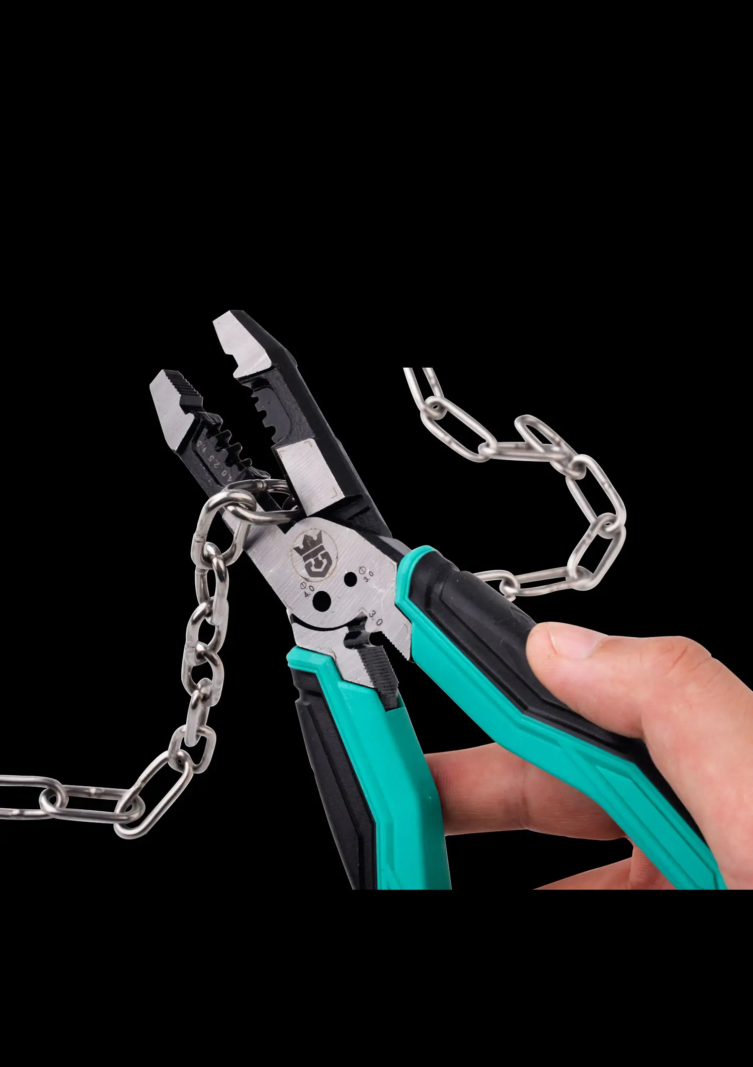 Light blue/black hybrid plier cutting steel chain. High leverage, 58-62HRC. OEM/ODM available.