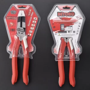 Two 8.5" multi-purpose pliers for electrician in red, double blister card package, black background. OEM orders welcome.