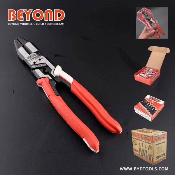 BEYOND heavy duty lineman's pliers with double blister/color box/master carton pkg, red/white handles, black background