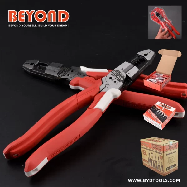 BEYOND plier for electrician with double blister/color box/master carton packaging, red/white handles. OEM/ODM available.